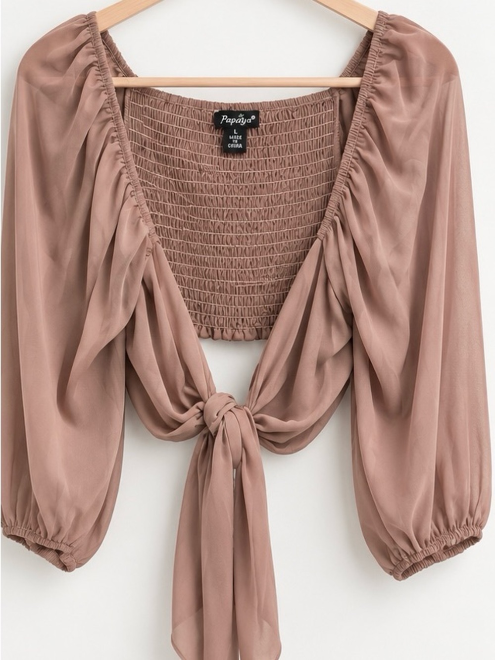 Papaya Smocked Tie Front Crop Top Mocha Brown Puff Sleeve Blouse L